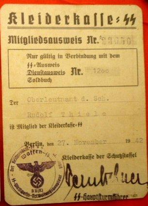 SS OFFICER KLEIDERKASSE MEMBERSHIP AUSWEIS.