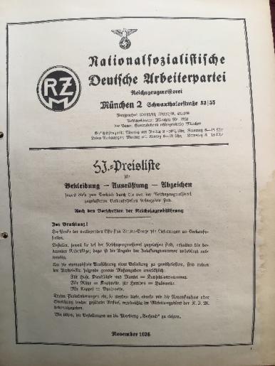 1936 RZM PRICELIST FOR THE HITLER YOUTH.